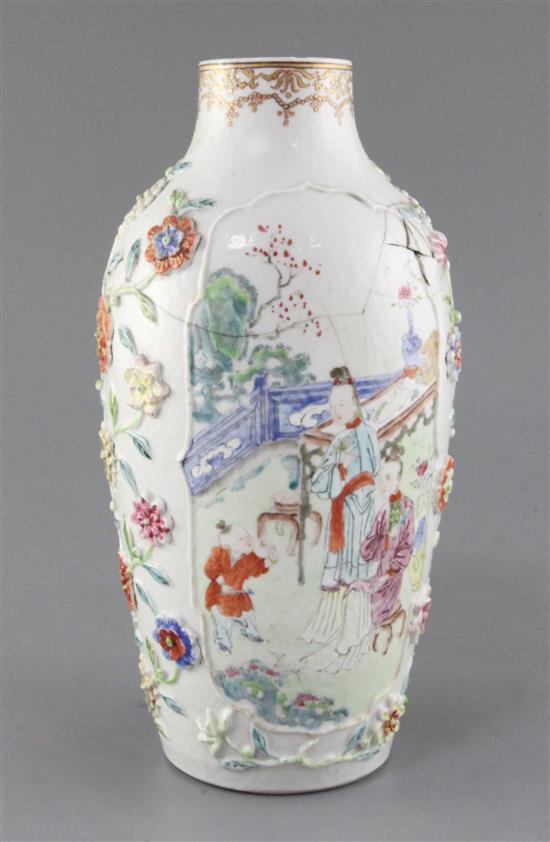 A Chinese flower applied famille rose vase, Qianlong period, 27.5cm, repaired